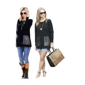 J. Crew Black Merino Wool Pullover Sweater Leather Pockets Women's Size S